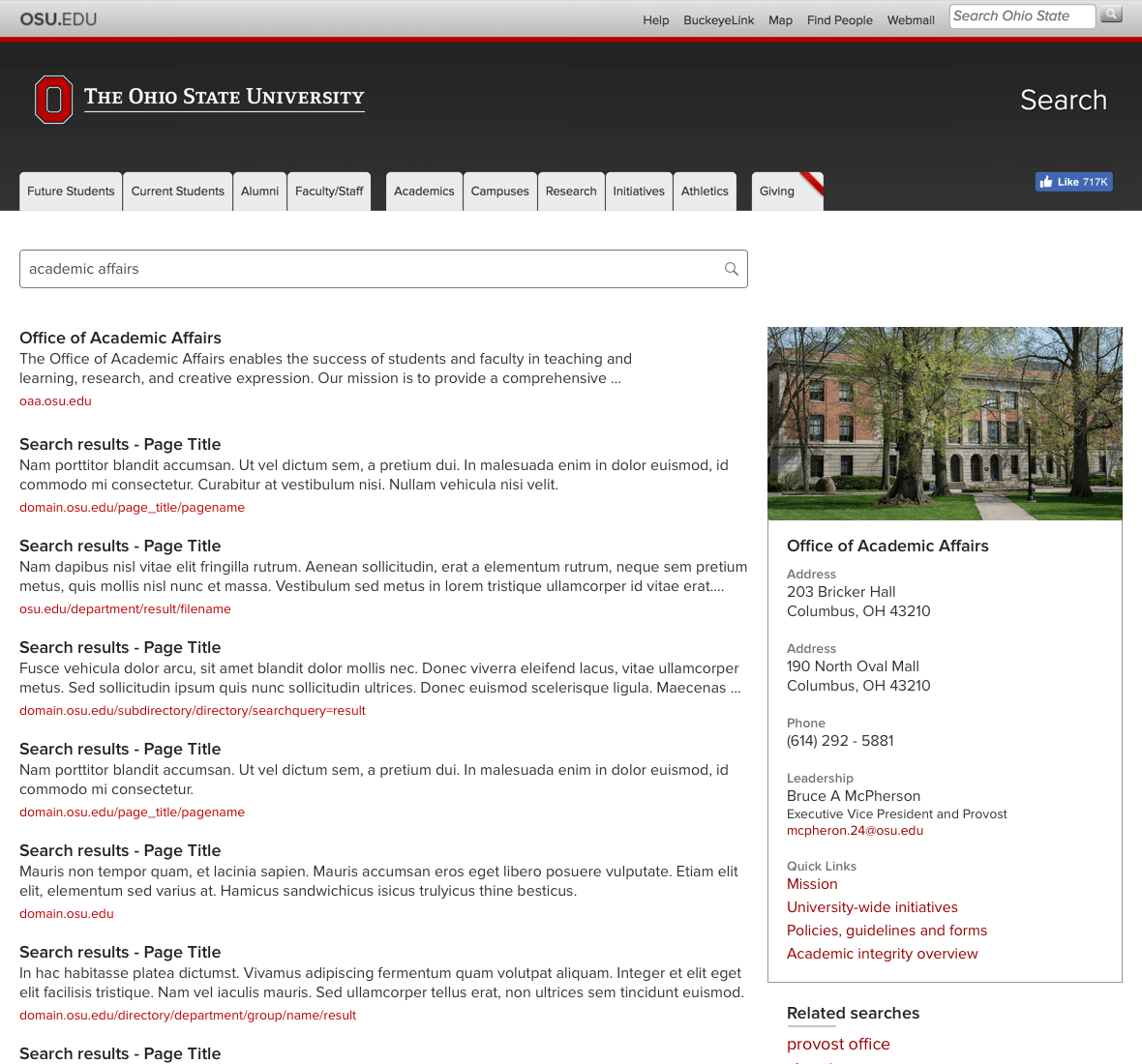 Screenshot mockup of search results page proposed changes
