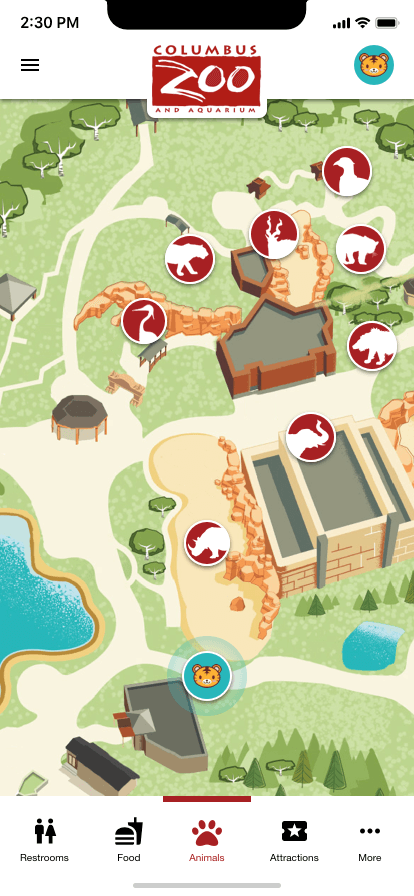 Mockup screenshot of Columbus Zoo mobile application displaying the map for the park.