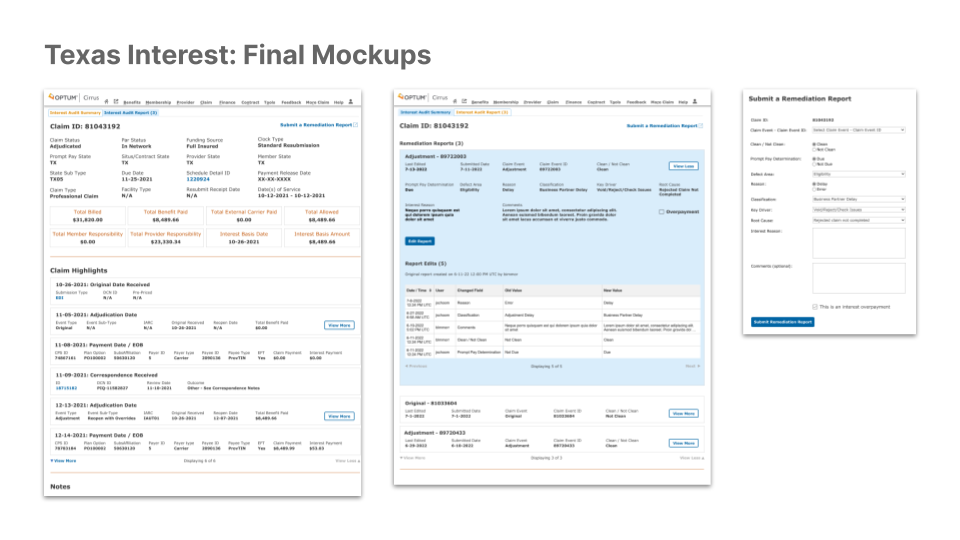 Screenshot of claims processing system prototype