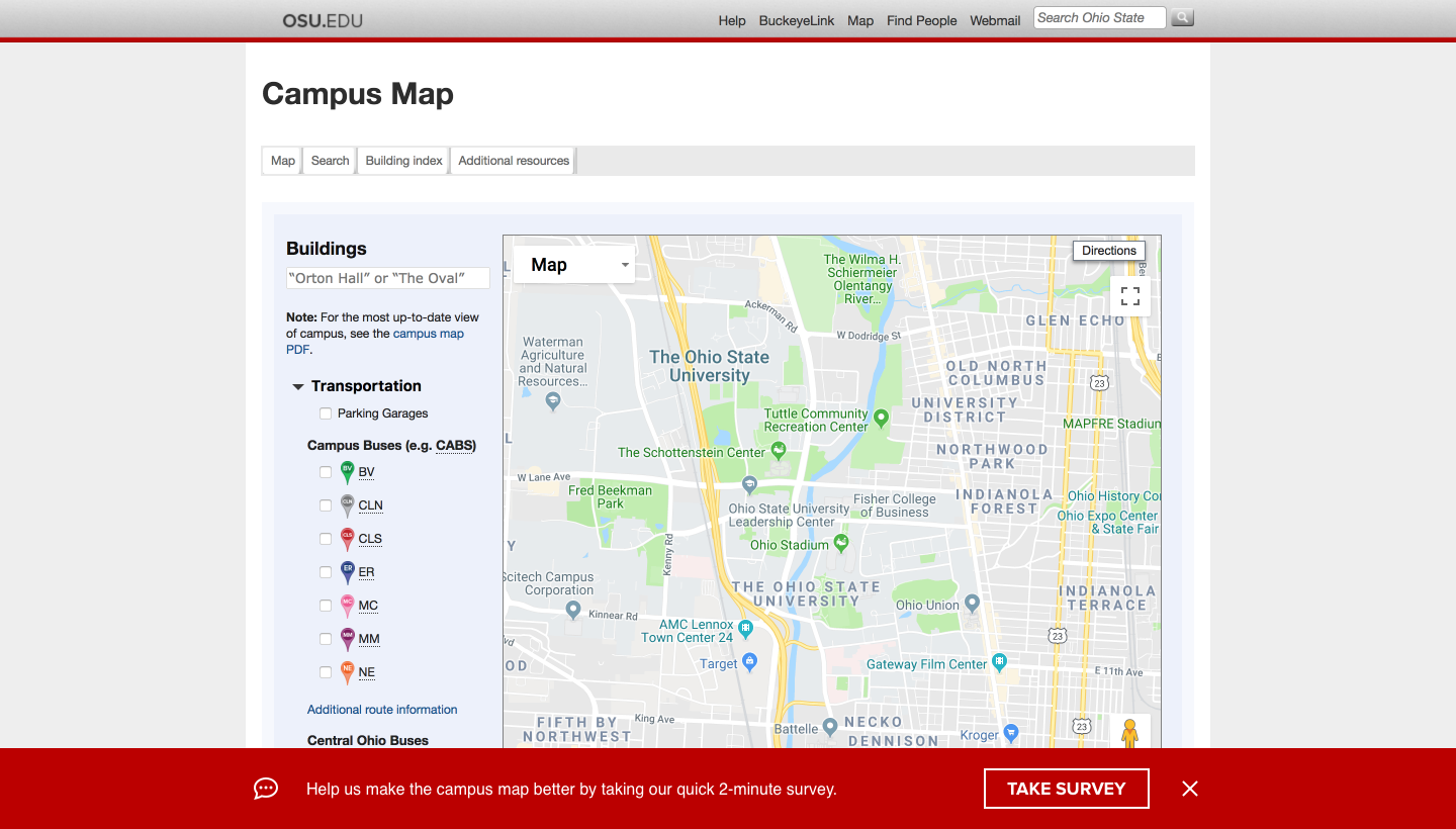 Screenshot of a prompt for the user to take a survey on the campus map page