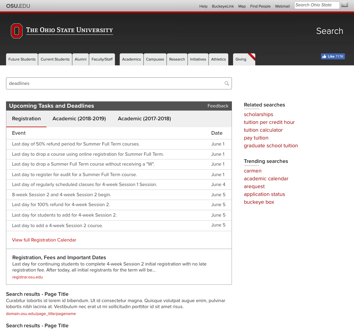 Screenshot mockup of search results page proposed changes