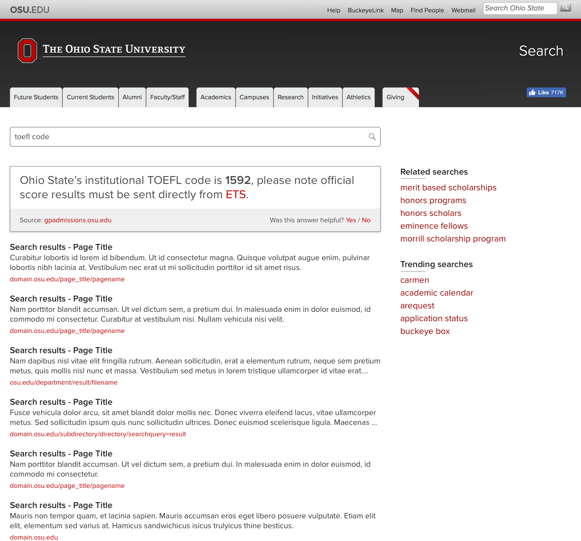 Screenshot mockup of search results page proposed changes