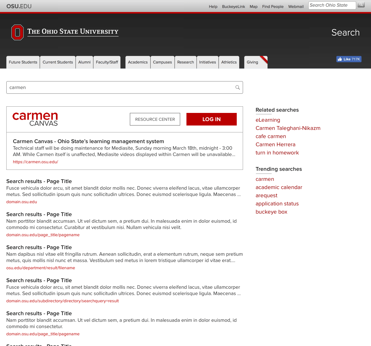 Screenshot mockup of search results page proposed changes