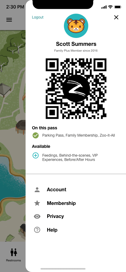 Mockup screenshot of Columbus Zoo mobile application displaying a QR code and account information for the visiting guest.