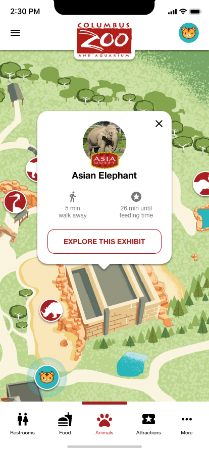 Mockup screenshot of Columbus Zoo mobile application displaying a modal popup for elephants.