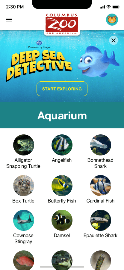 Mockup screenshot of Columbus Zoo mobile application displaying a list of fish that the user can read more about.