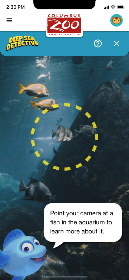 Mockup screenshot of Columbus Zoo mobile application showing an interactive game called Deep Sea Detective.